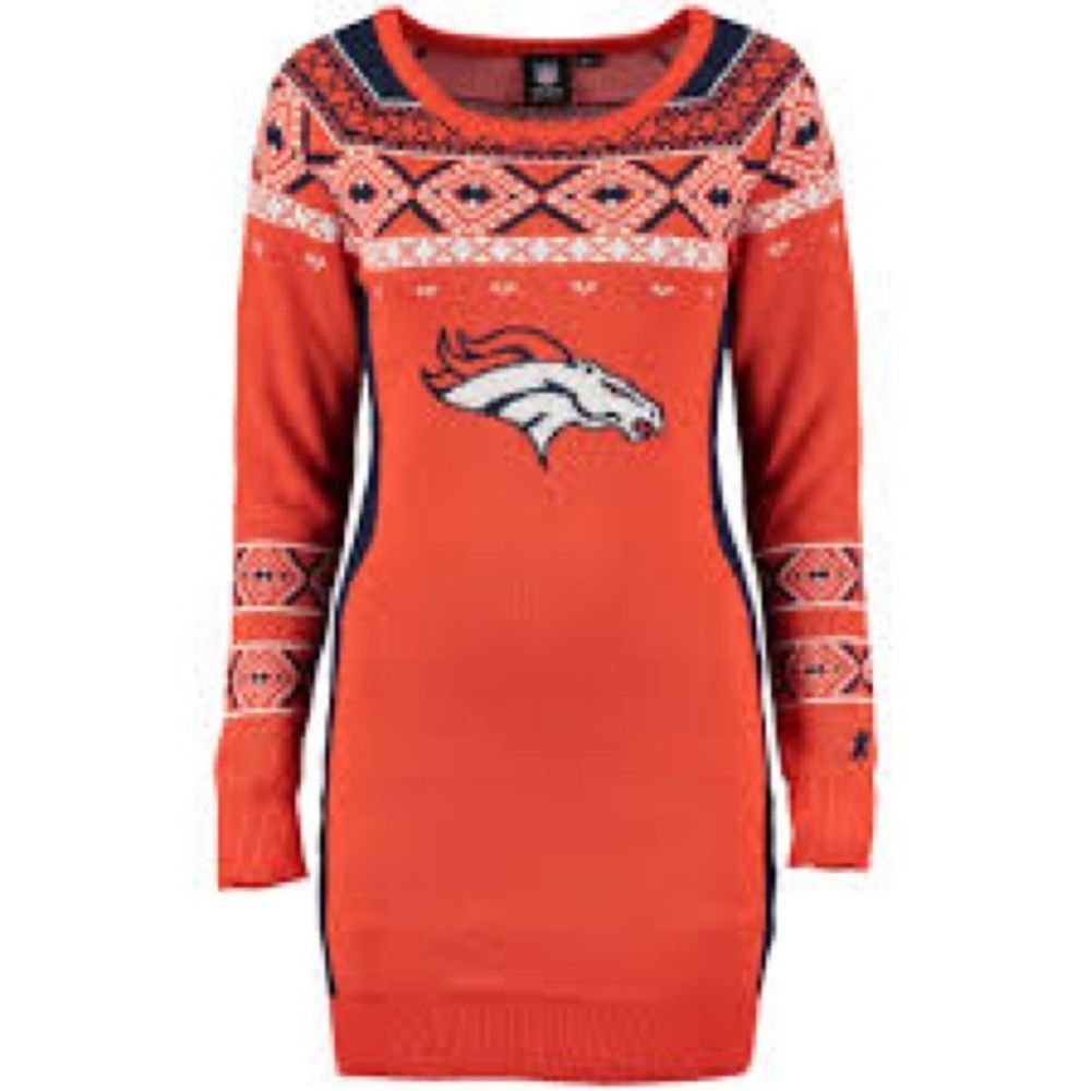 NFL Womens Klew Orange Denver Broncos Big Logo Ugly Sweater Dress Orange Blue XL